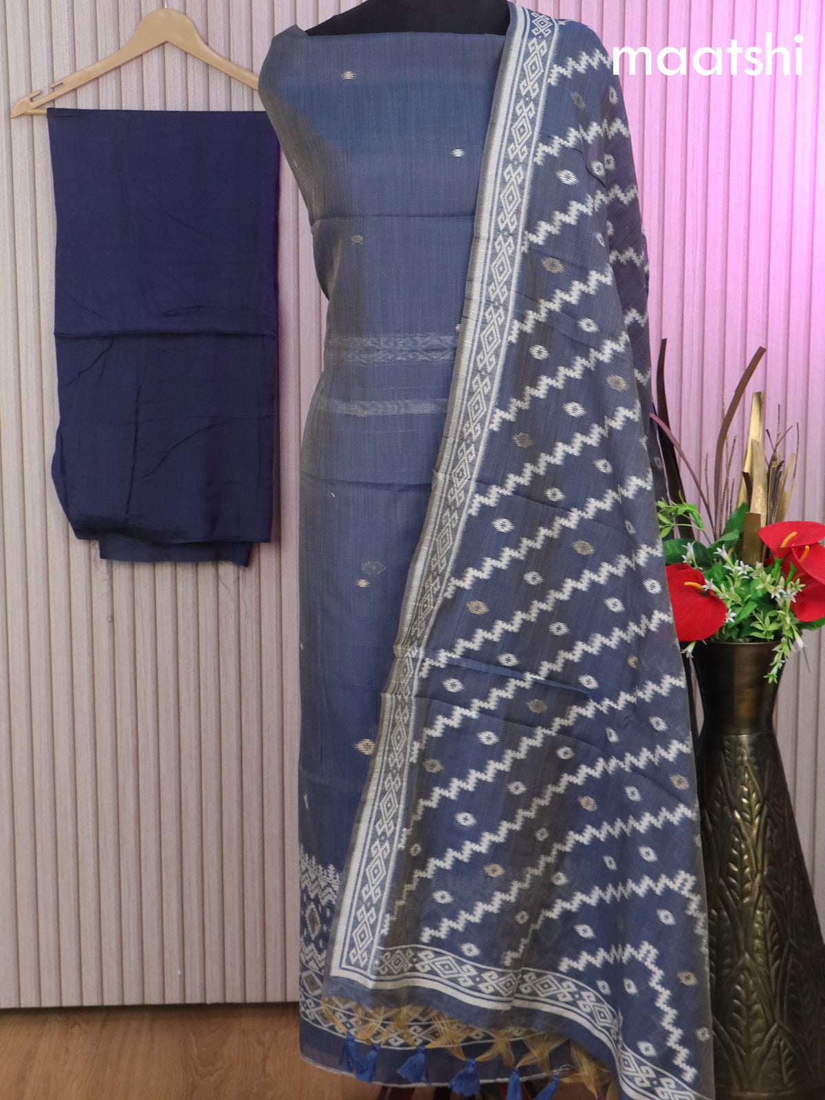 Munga cotton dress material dual shade of bluish grey with thread & zari woven buttas and bottom & thread woven dupatta