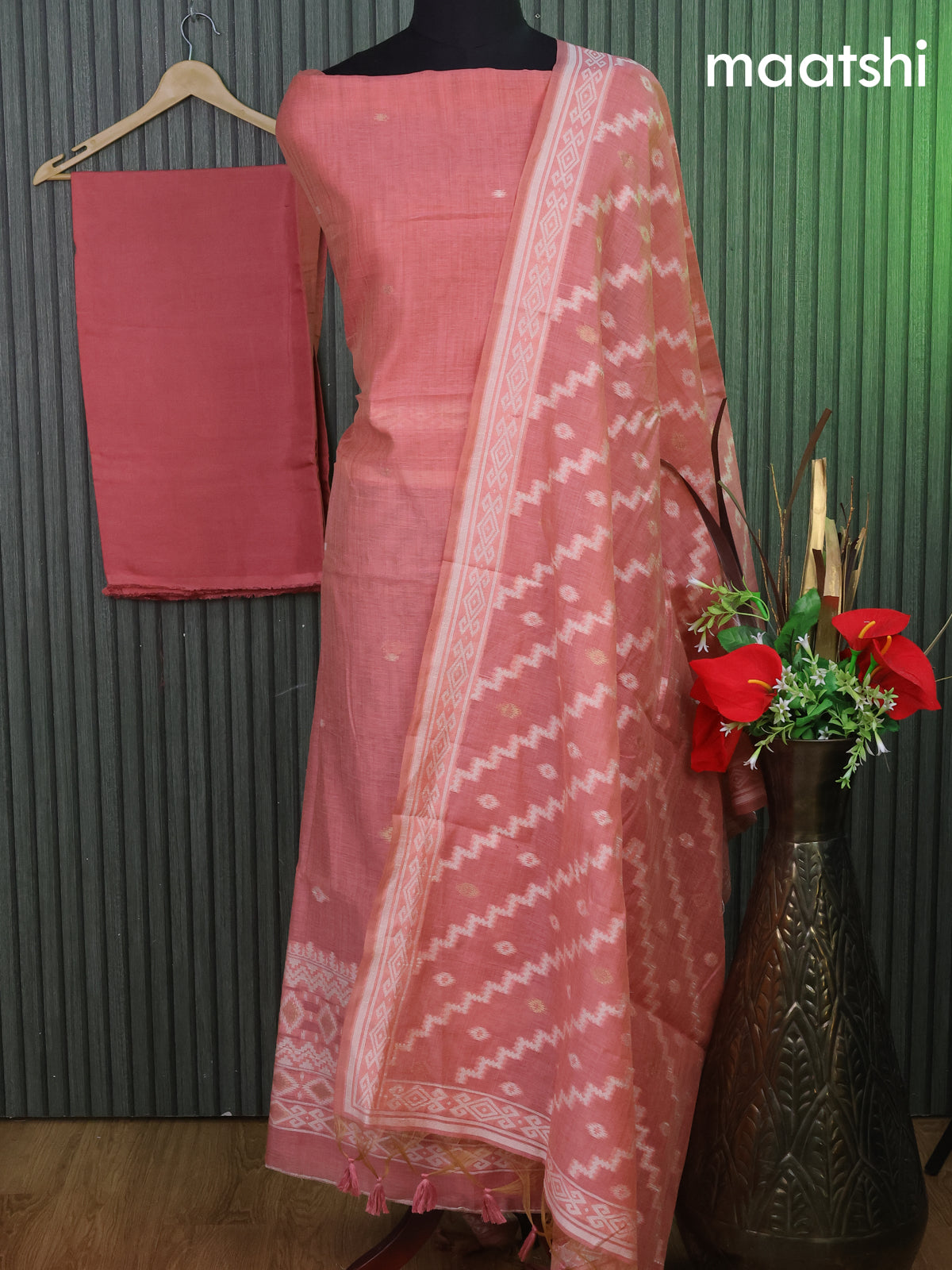 Munga cotton dress material peach pink with thread & zari woven buttas and bottom & thread woven dupatta