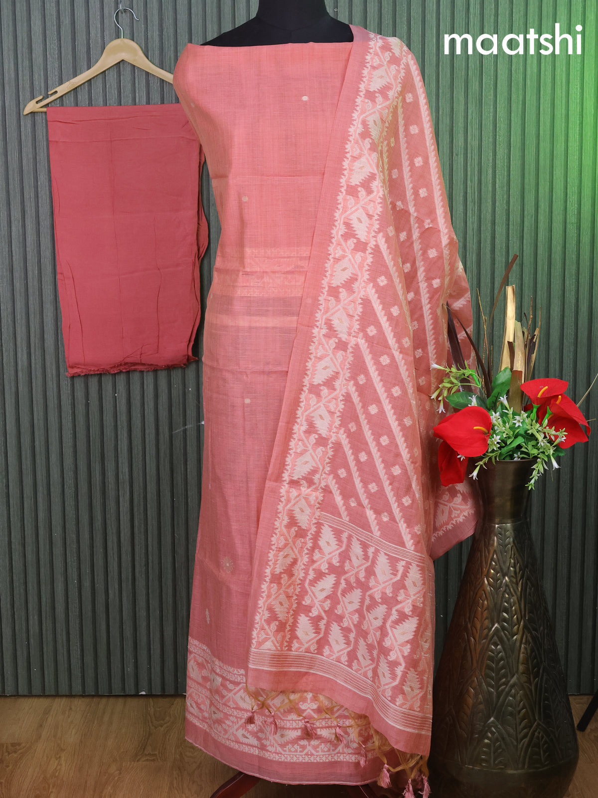 Munga cotton dress material peach pink with thread & zari woven buttas and bottom & thread woven dupatta