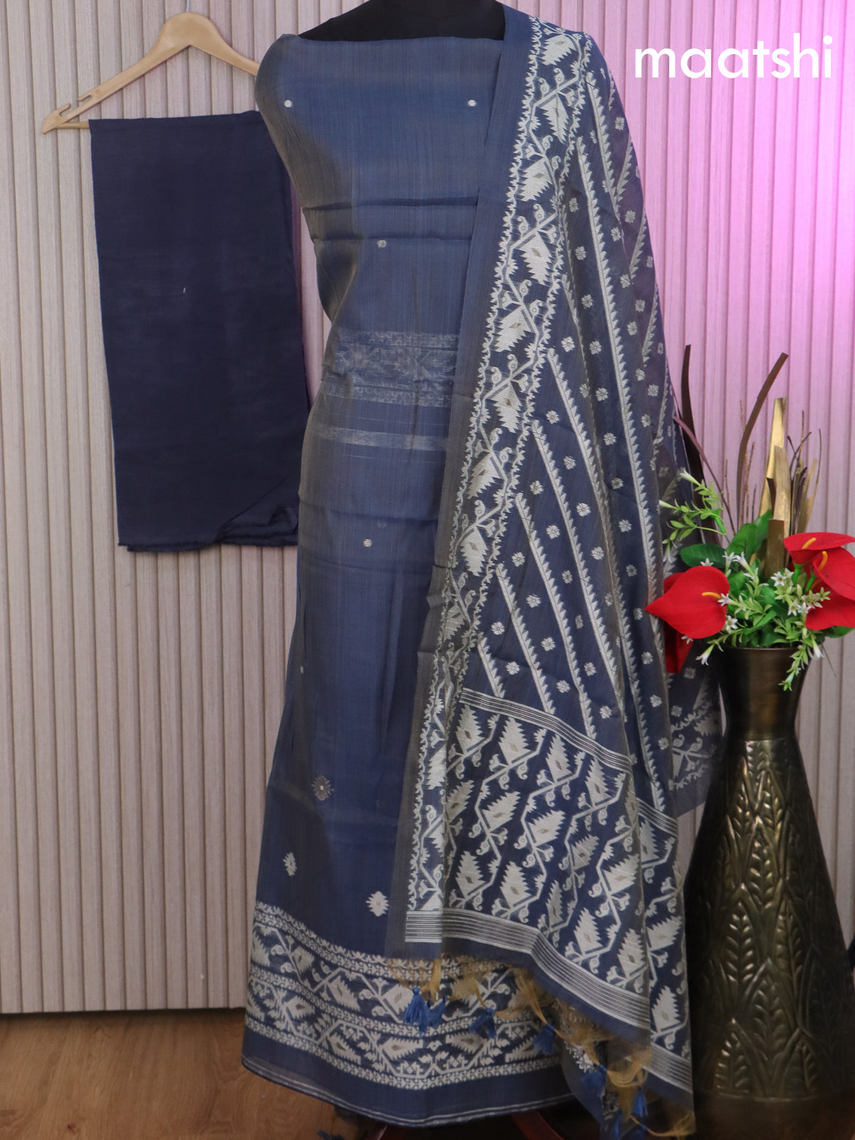 Munga cotton dress material dual shade of bluish grey with thread & zari woven buttas and bottom & thread woven dupatta