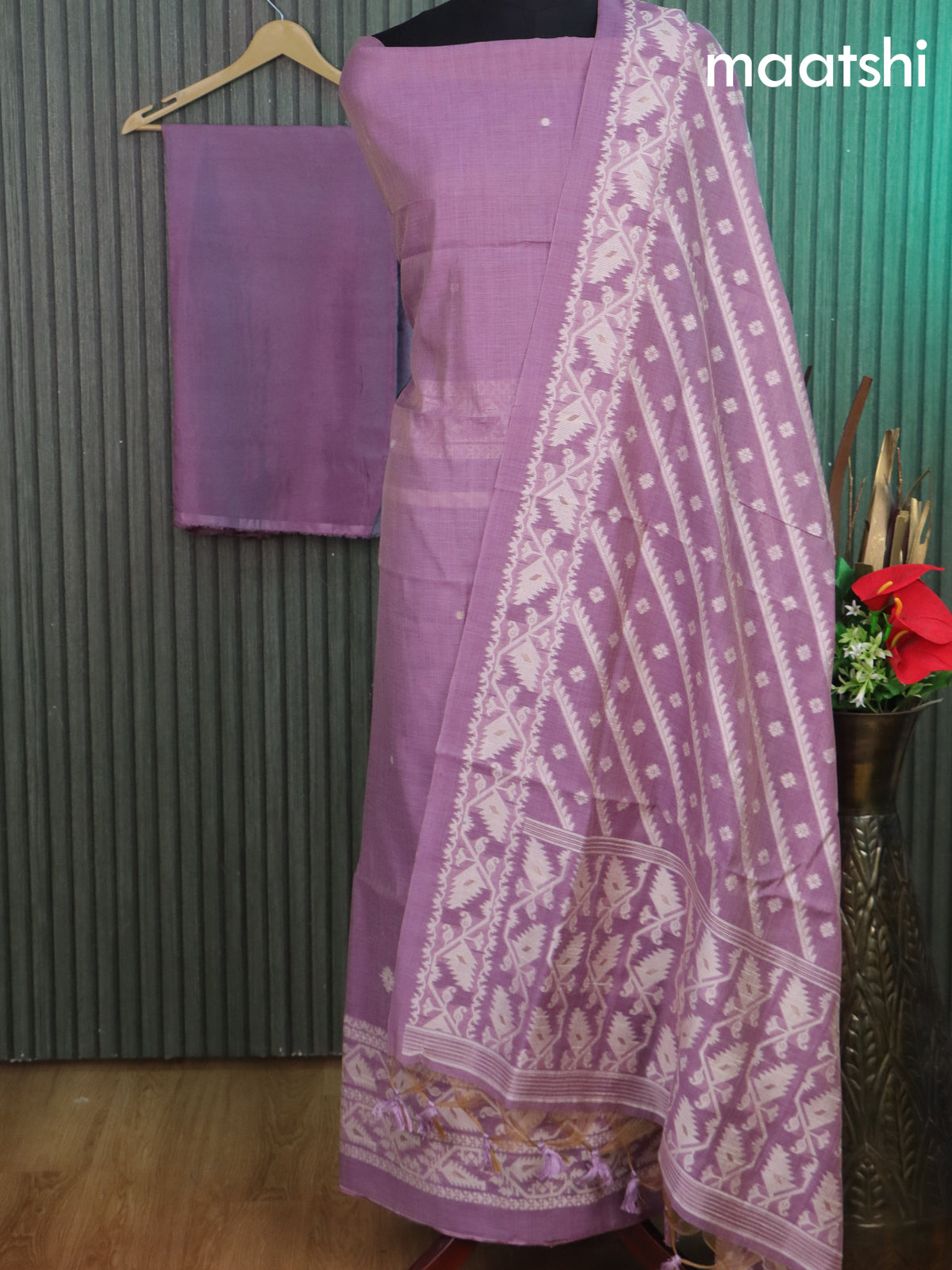 Munga cotton dress material lavender with thread & zari woven buttas and bottom & thread woven dupatta