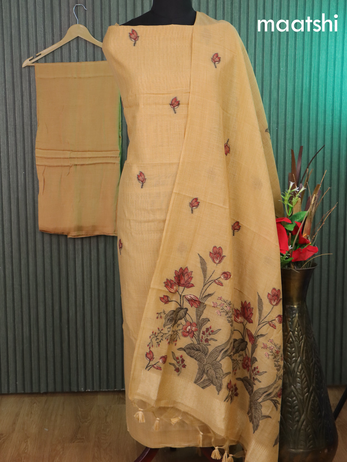 Munga cotton dress material dark sandal with thread & zari woven buttas and bottom & thread woven dupatta