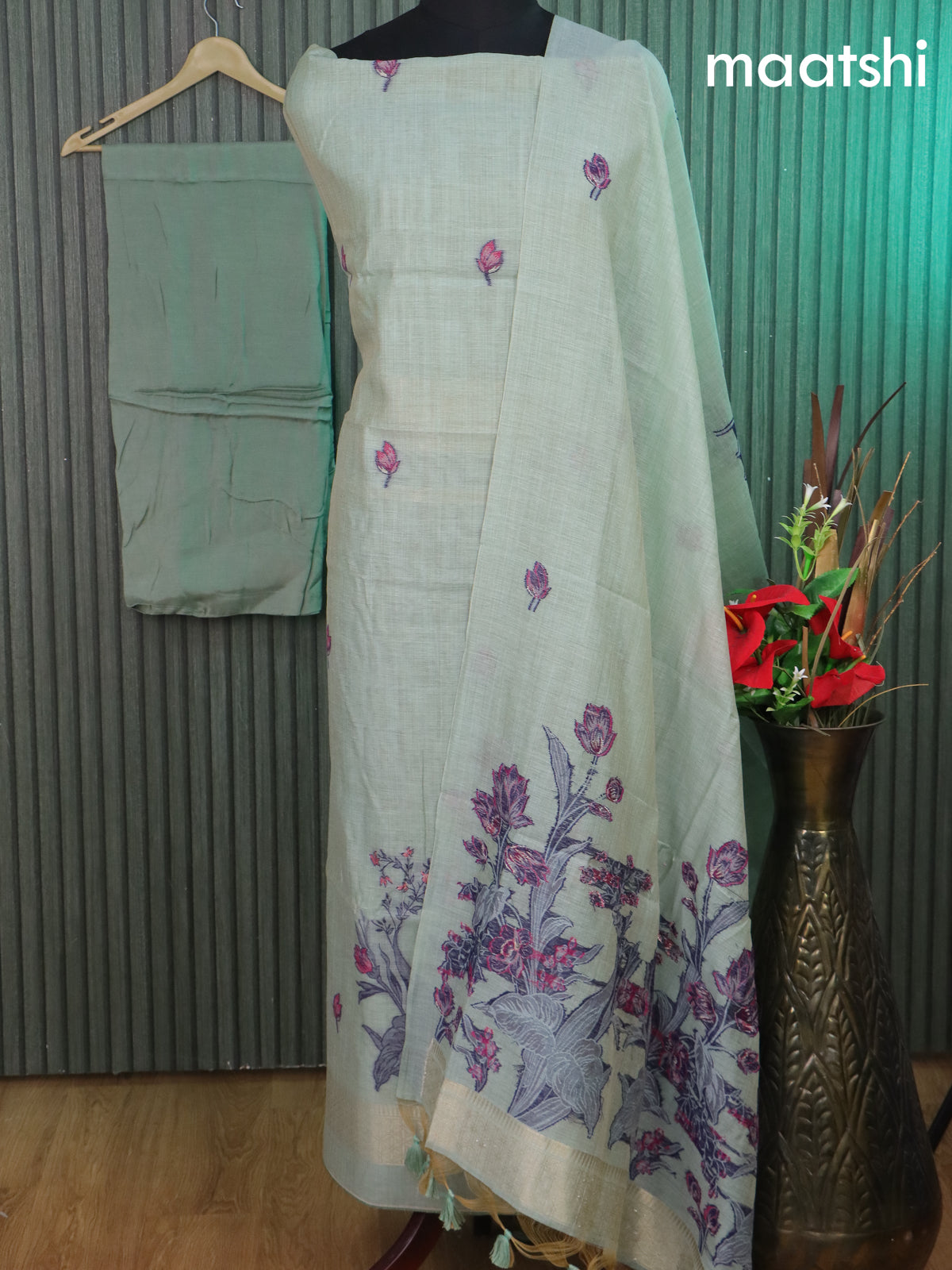 Munga cotton dress material pastel blue shade with thread & zari woven buttas and bottom & thread woven dupatta