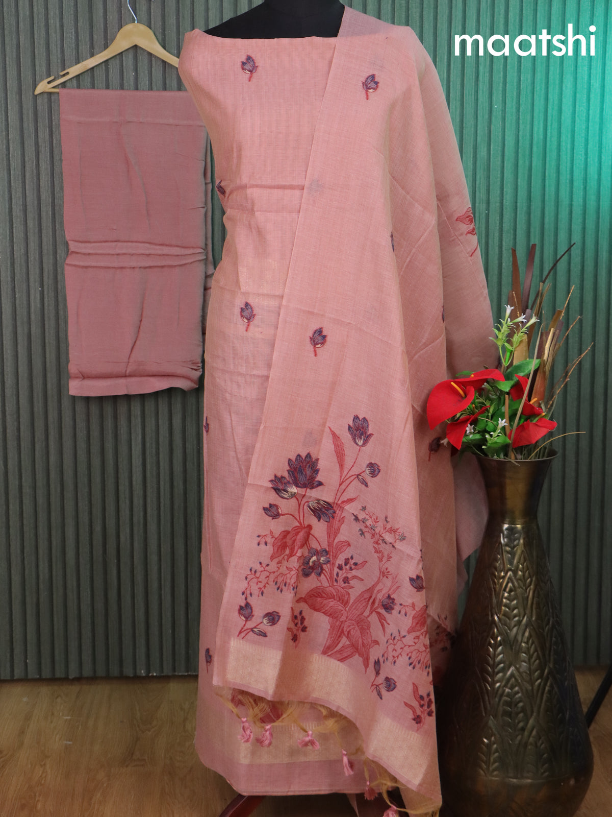 Munga cotton dress material peach pink with thread & zari woven buttas and bottom & thread woven dupatta