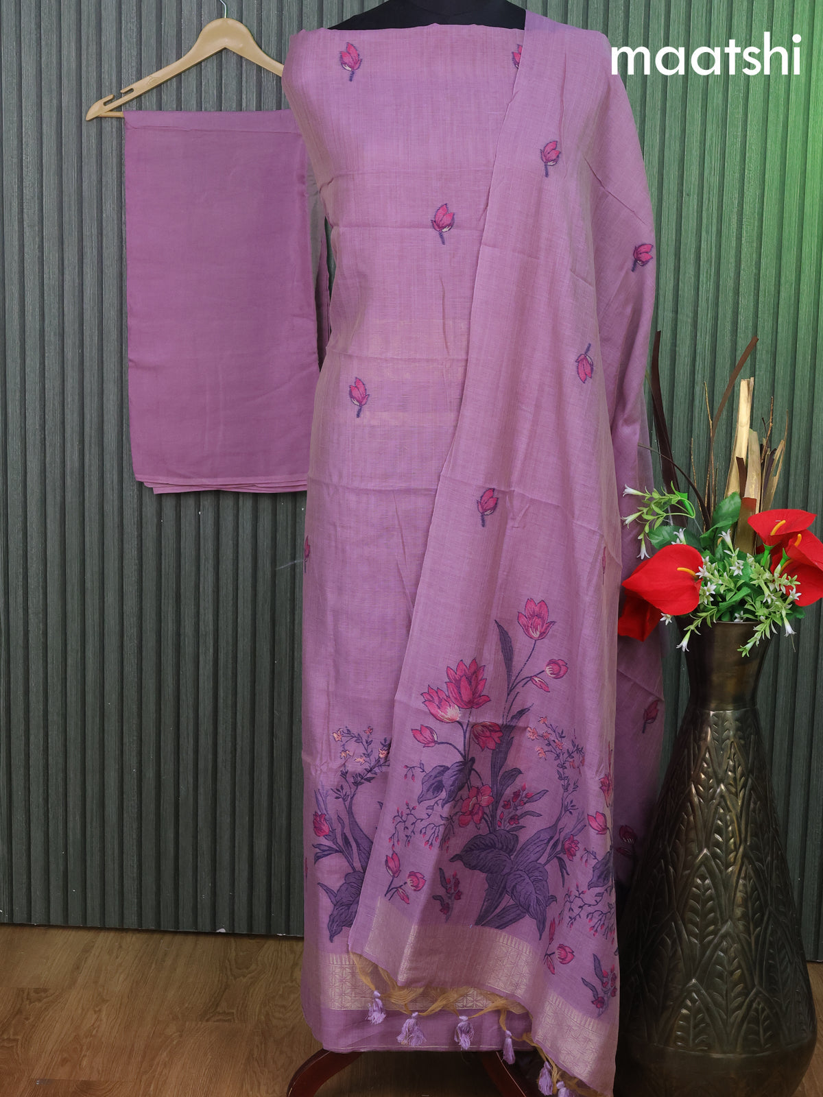 Munga cotton dress material lavender with thread & zari woven buttas and bottom & thread woven dupatta