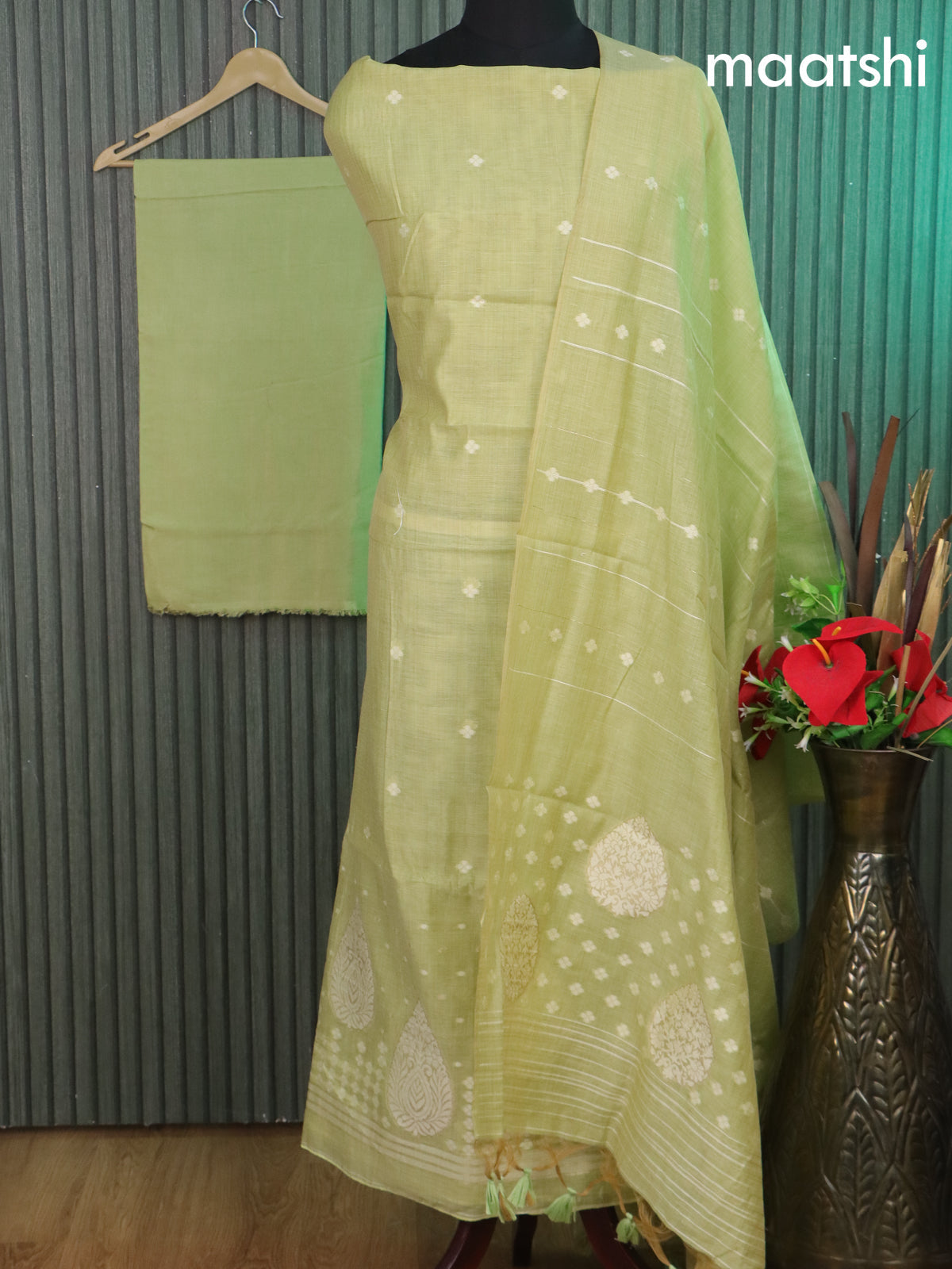 Munga cotton dress material pista green with thread & zari woven buttas and bottom & thread woven dupatta