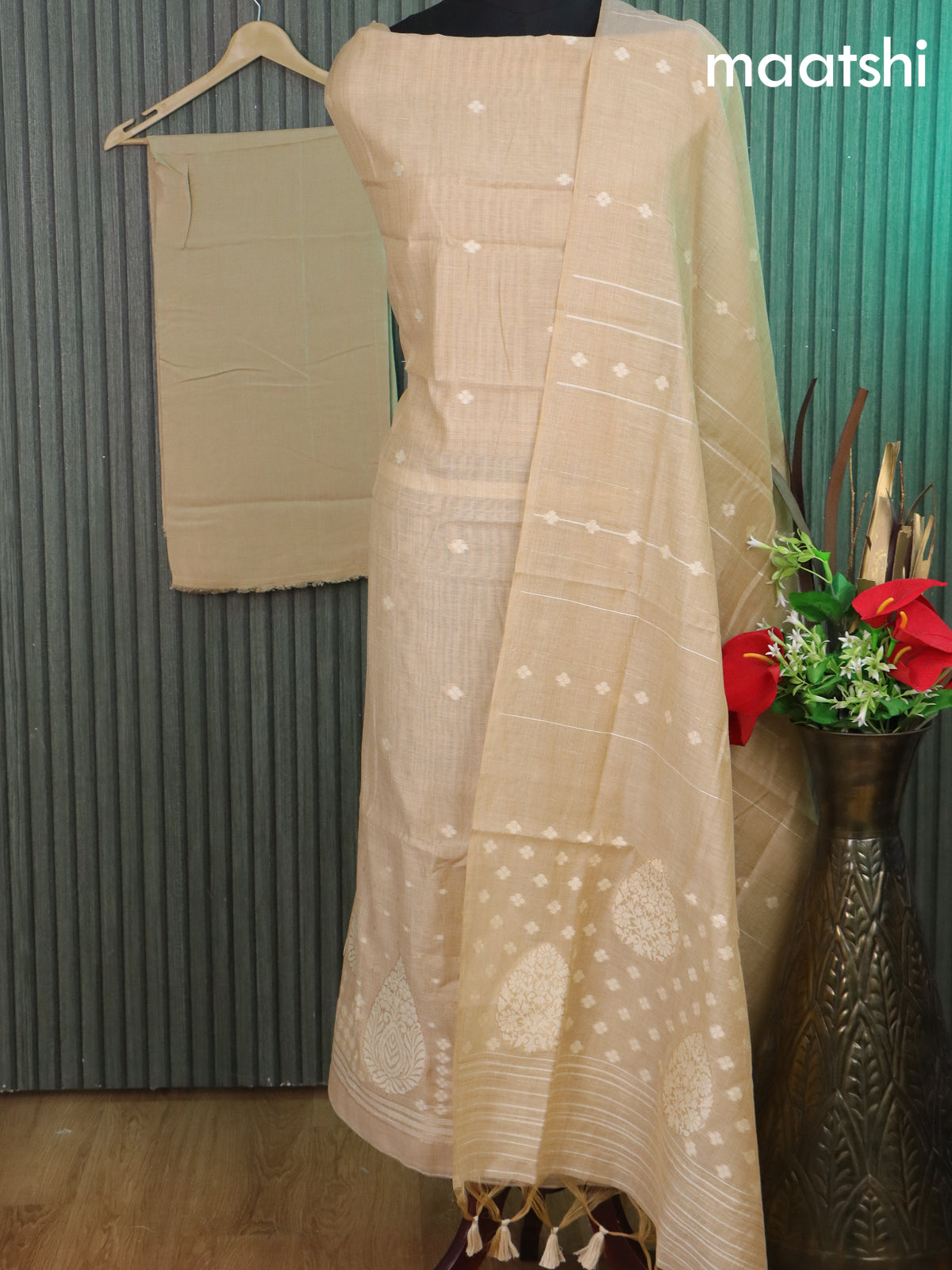 Munga cotton dress material sandal with thread & zari woven buttas and bottom & thread woven dupatta