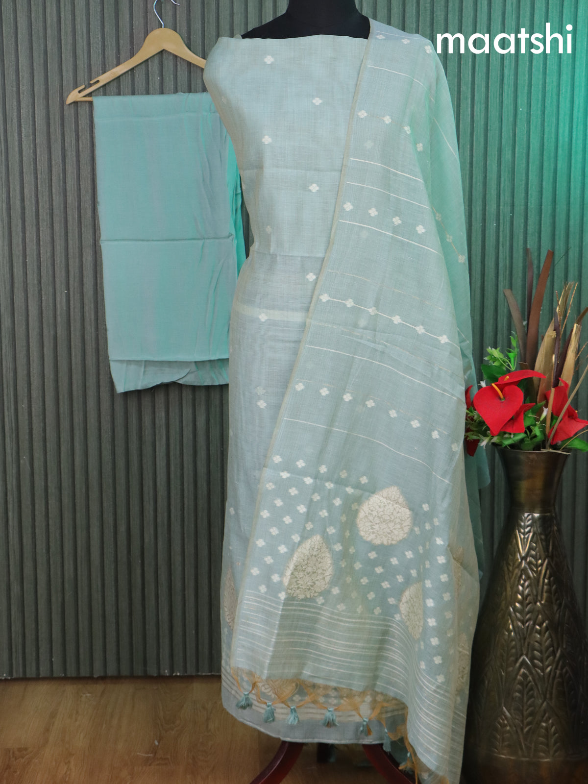 Munga cotton dress material pastel blue shade with thread & zari woven buttas and bottom & thread woven dupatta