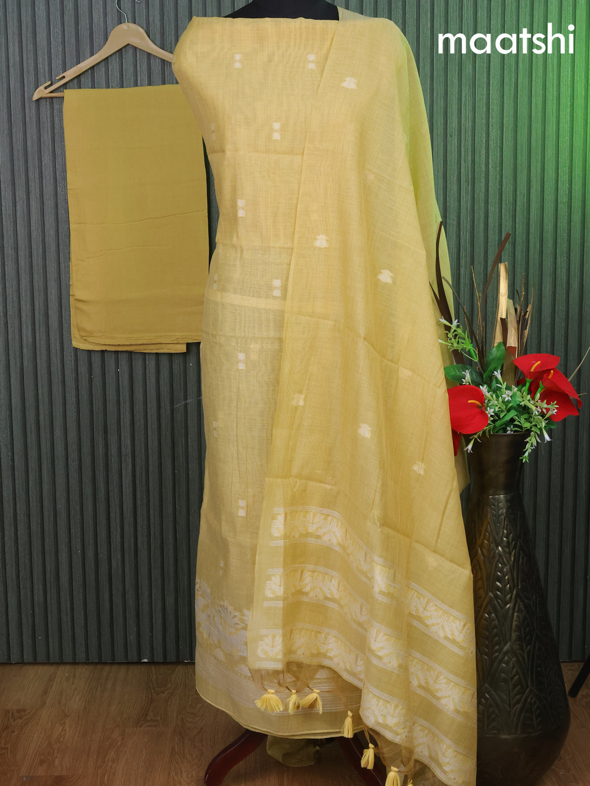 Munga cotton dress material pale yellow with thread & zari woven buttas and bottom & thread woven dupatta