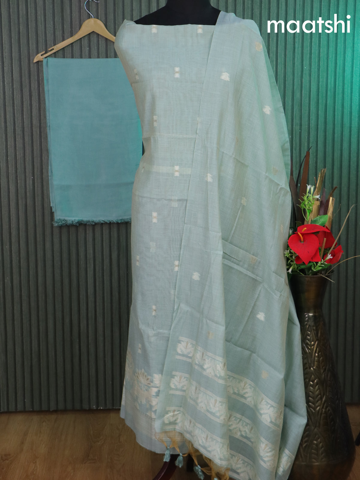 Munga cotton dress material pastel blue shade with thread & zari woven buttas and bottom & thread woven dupatta