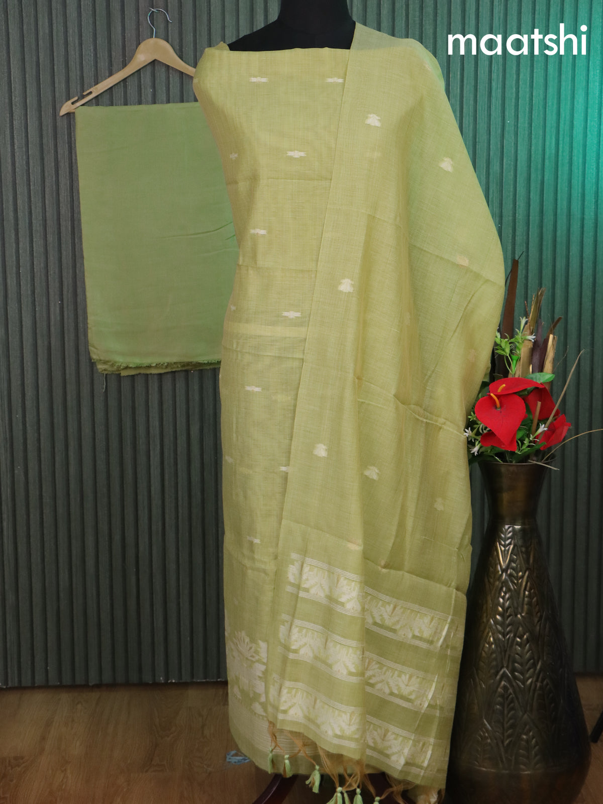 Munga cotton dress material pista green with thread & zari woven buttas and bottom & thread woven dupatta