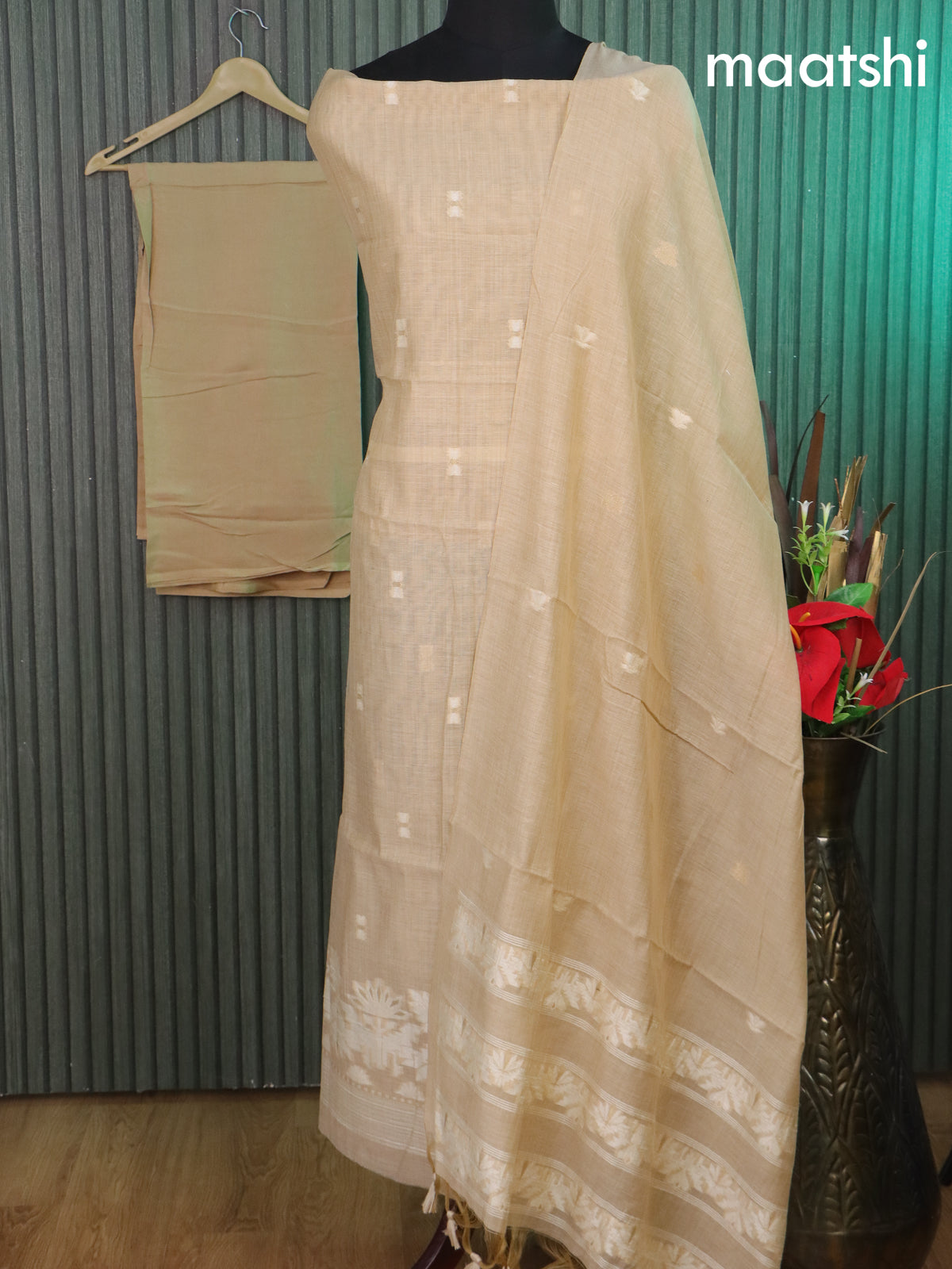 Munga cotton dress material sandal with thread & zari woven buttas and bottom & thread woven dupatta