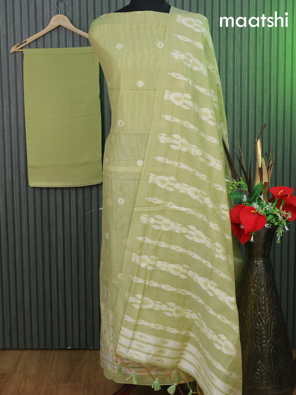 Munga cotton dress material pista green with thread & zari woven buttas and bottom & thread woven dupatta