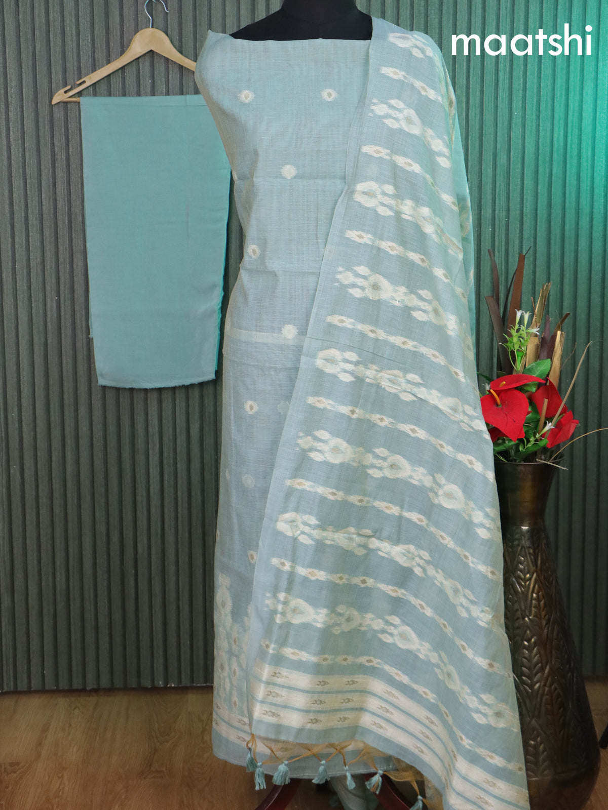 Munga cotton dress material pastel blue shade with thread & zari woven buttas and bottom & thread woven dupatta