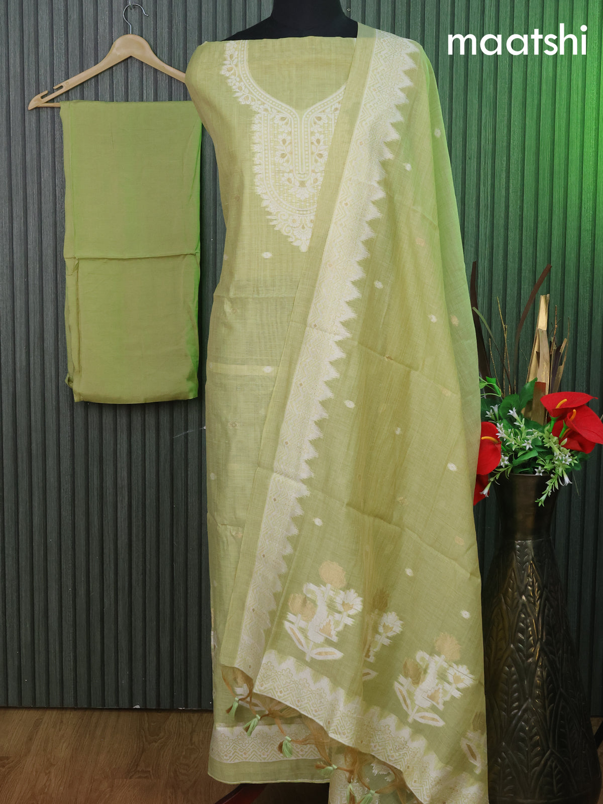 Munga cotton dress material pista green with thread & zari woven ikat buttas & simple neck pattern and bottom & thread woven dupatta