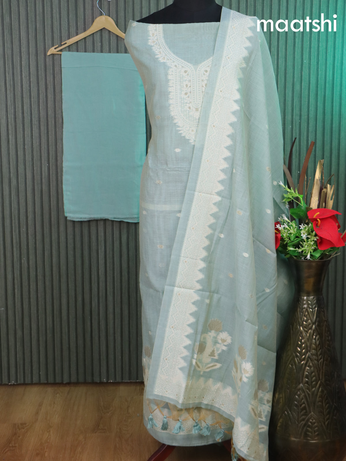 Munga cotton dress material pastel blue shade with woven buttas & simple neck pattern and bottom & thread woven dupatta