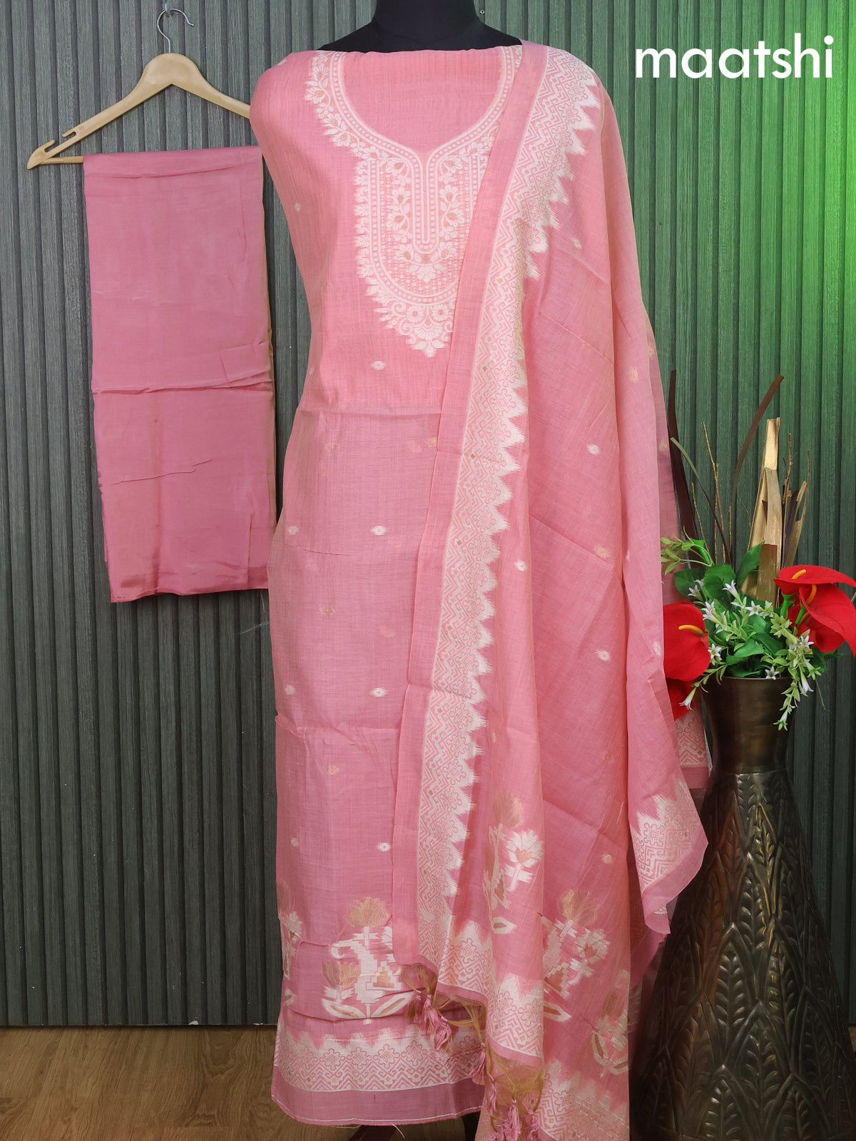 Munga cotton dress material peach pink with thread & zari woven ikat buttas & simple neck pattern and bottom & thread woven dupatta