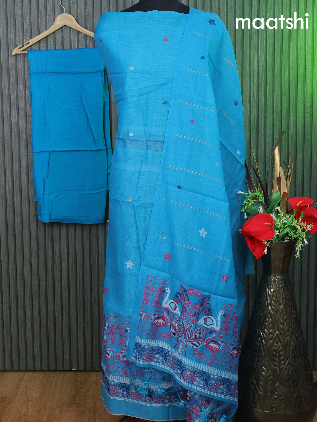 Munga cotton dress material teal blue with thread & zari woven buttas and bottom & thread woven dupatta