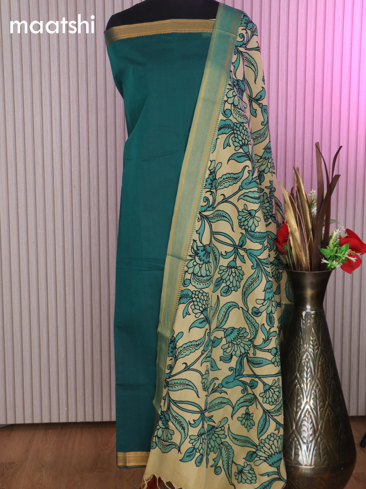 Mangalgiri silk cotton dress material green and cream with plain body and hand painted pen kalamkari dupatta