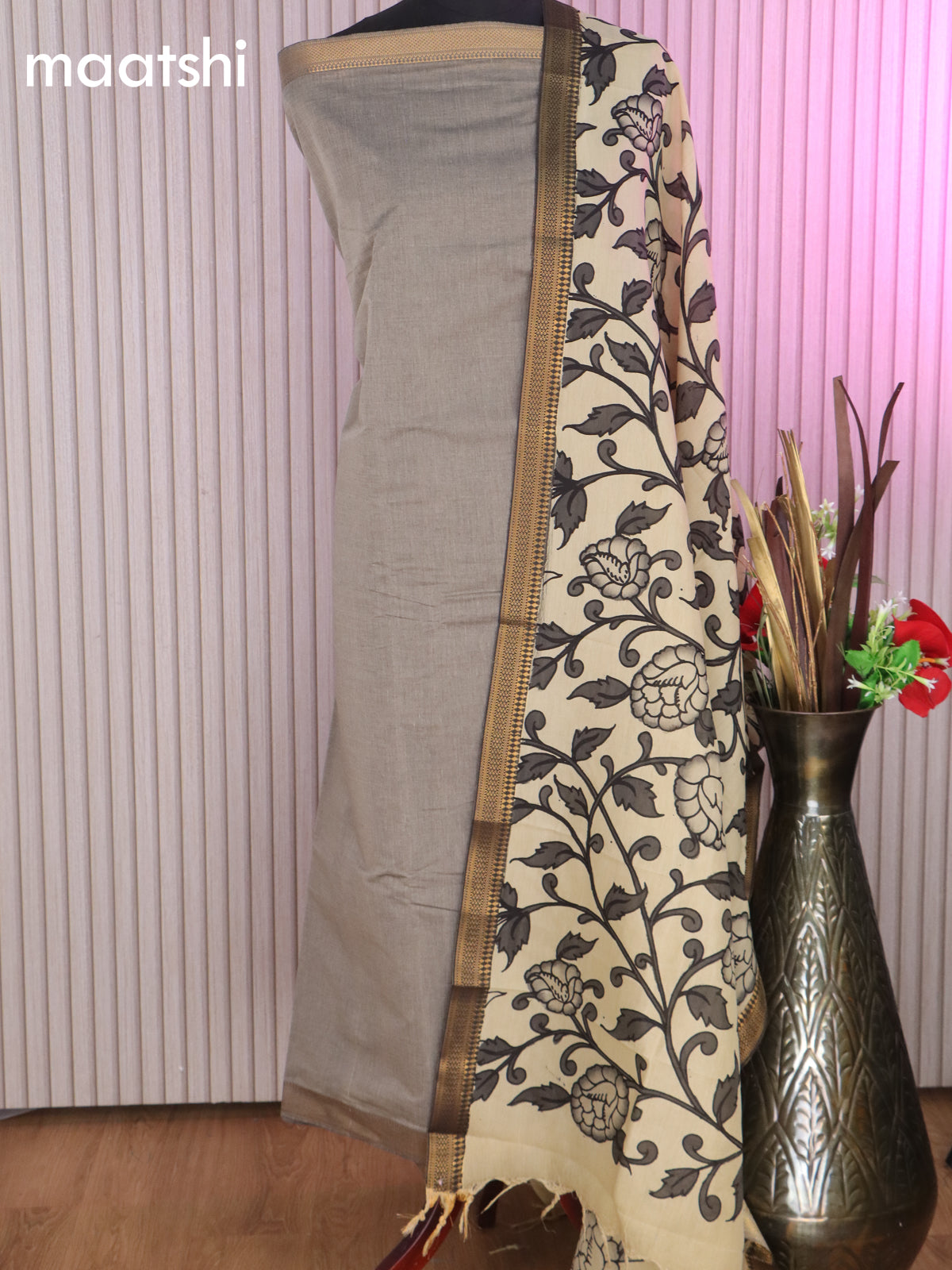 Mangalgiri silk cotton dress material grey and cream with plain body and hand painted pen kalamkari dupatta