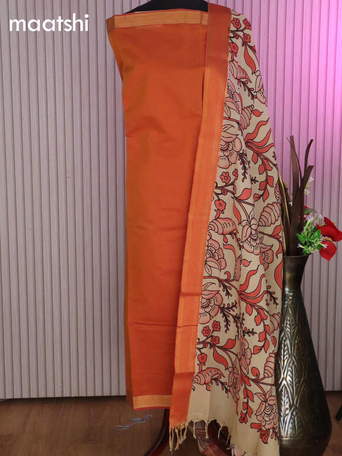 Mangalgiri silk cotton dress material orange and cream with plain body and hand painted pen kalamkari dupatta