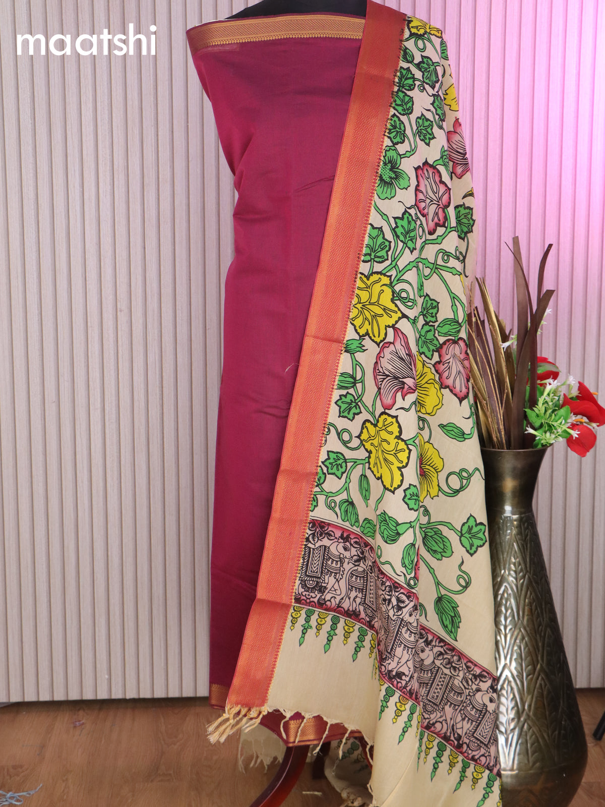 Mangalgiri silk cotton dress material dark magenta pink and cream with plain body and hand painted pen kalamkari dupatta