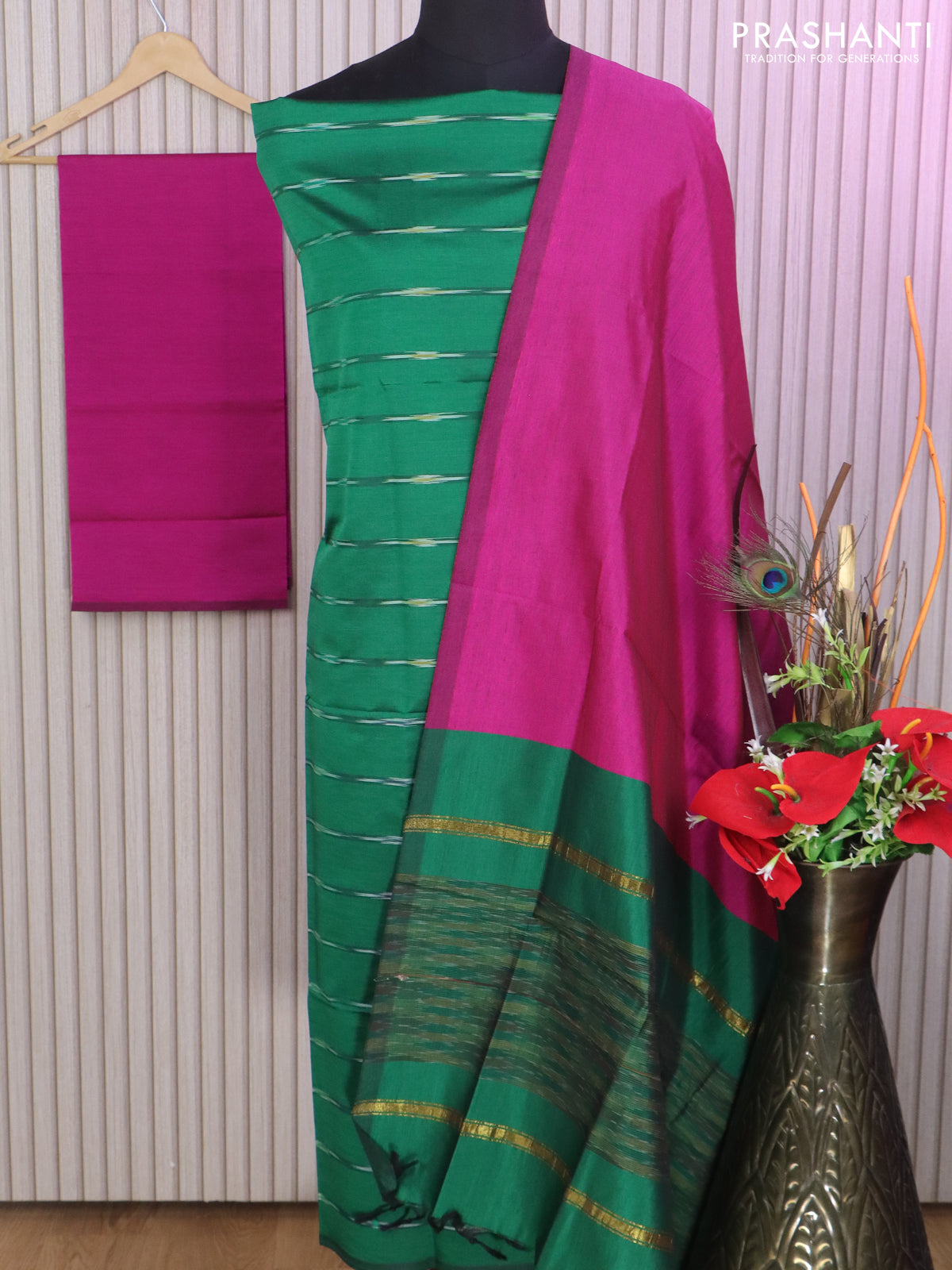 Ikat dress material green and pink with allover ikat weaves and bottom, dupatta