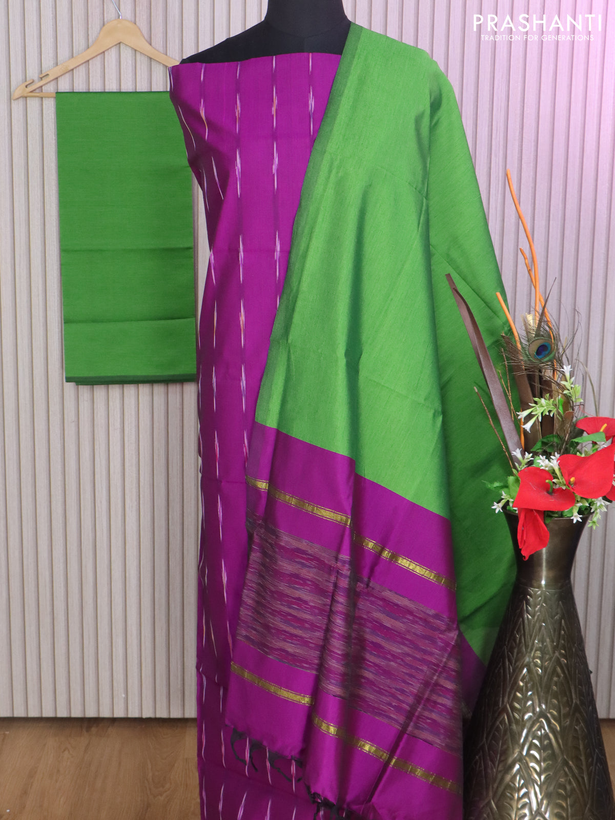 Ikat dress material purple and green with allover ikat weaves and bottom, dupatta