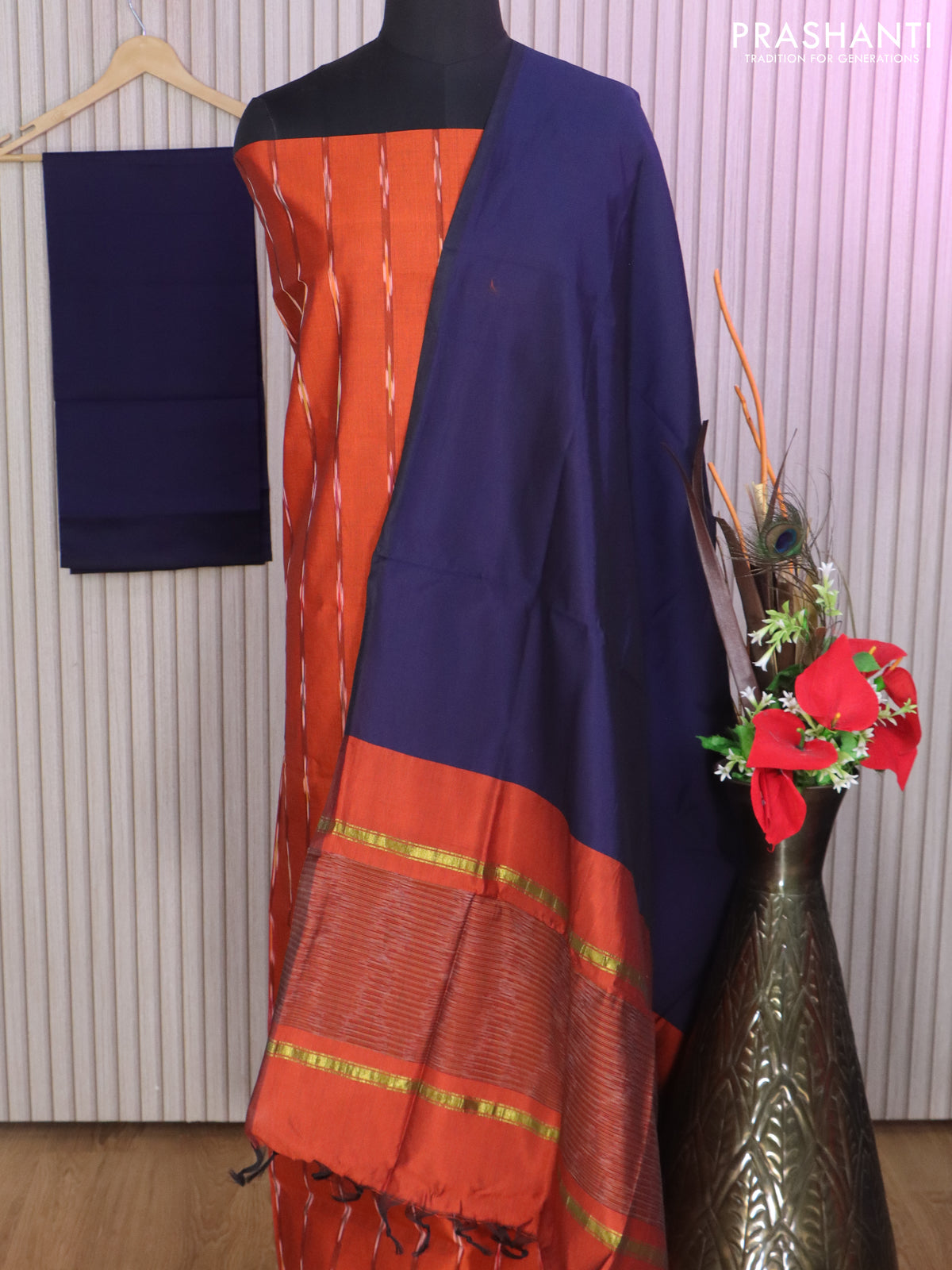 Ikat dress material orange and dark blue with allover ikat weaves and bottom, dupatta