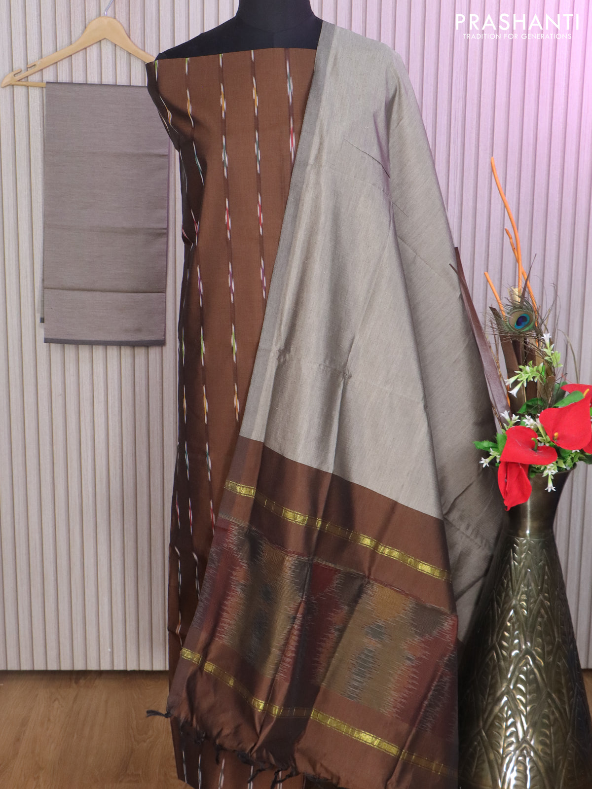 Ikat dress material brown and grey with allover ikat weaves and bottom, dupatta