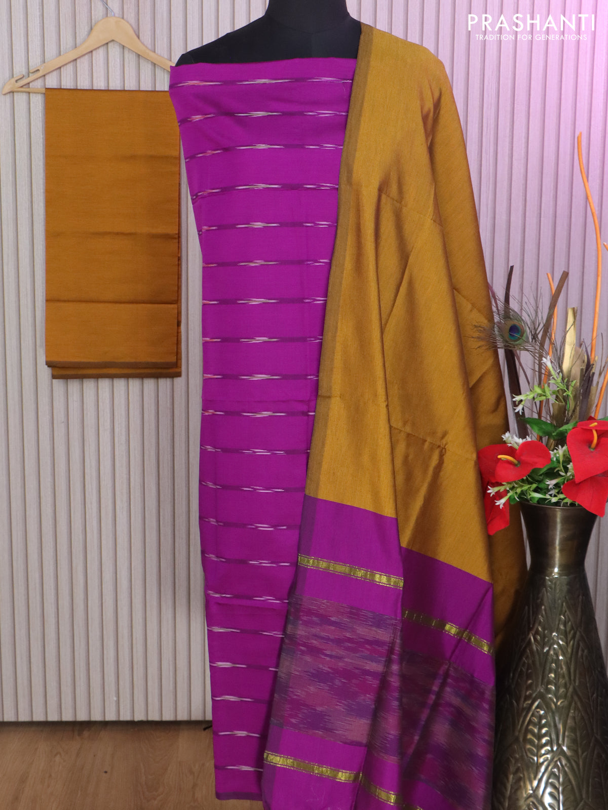 Ikat dress material purple and dark mustard with allover ikat weaves and bottom, dupatta