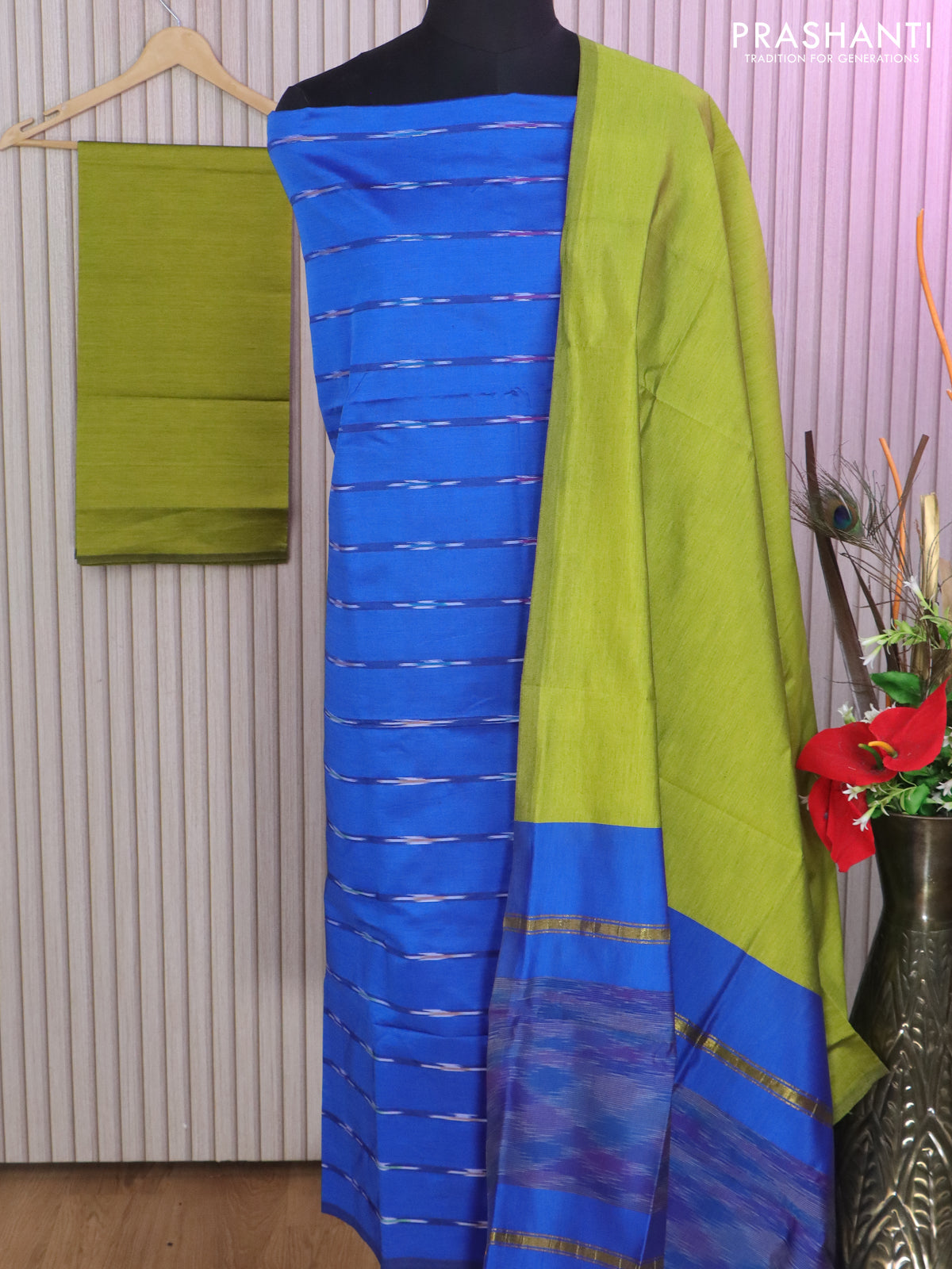 Ikat dress material royal blue and light green with allover ikat weaves and bottom, dupatta