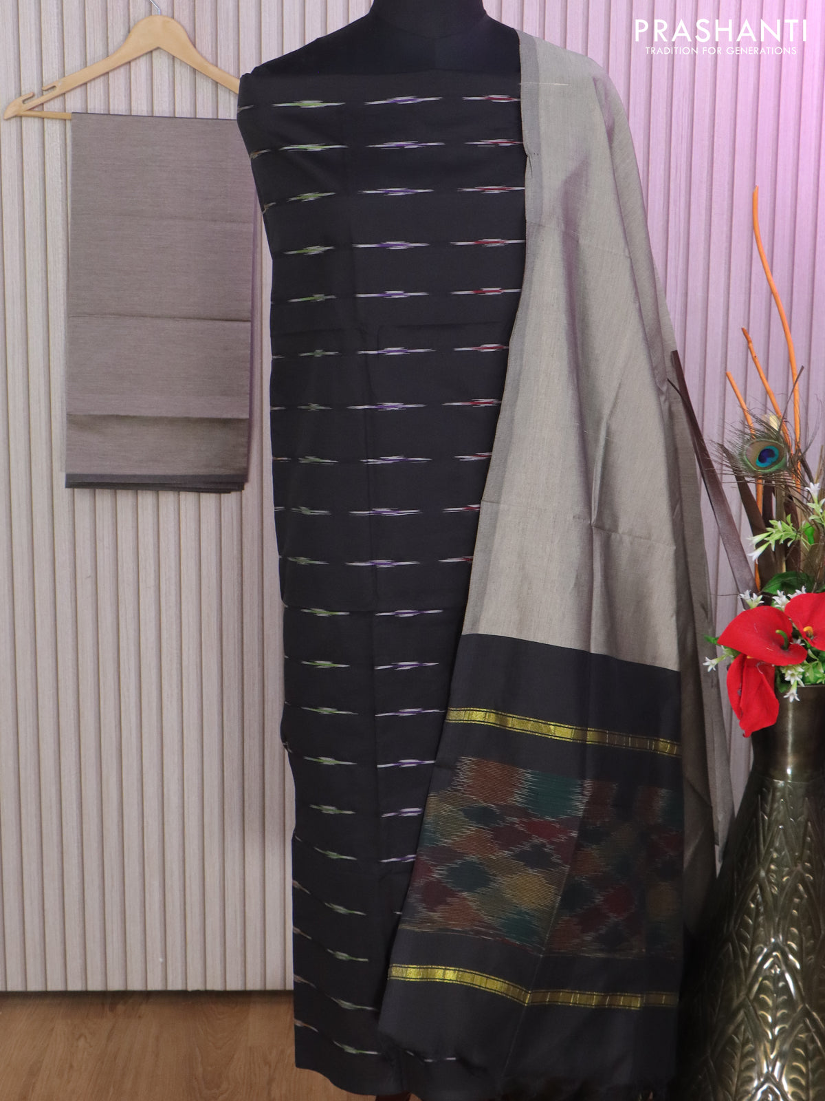 Ikat dress material black and grey with allover ikat weaves and bottom, dupatta