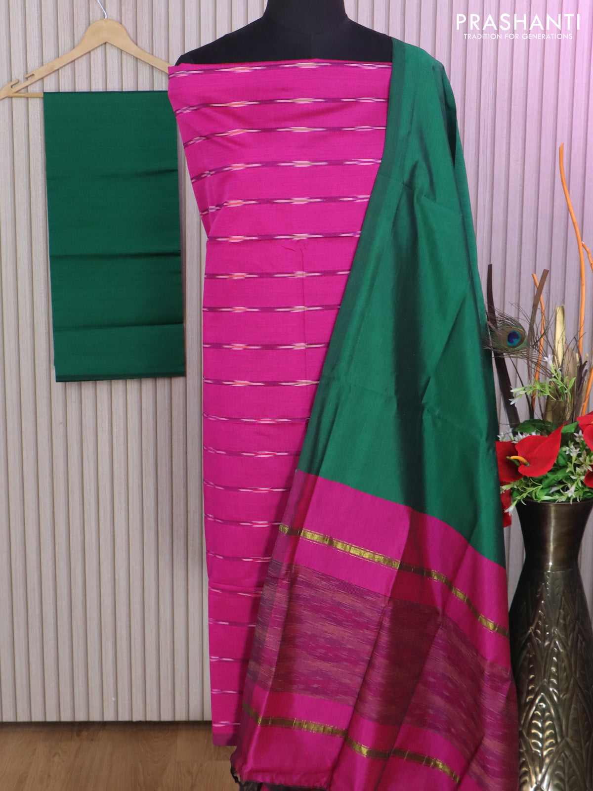 Ikat dress material pink and green with allover ikat weaves and bottom, dupatta