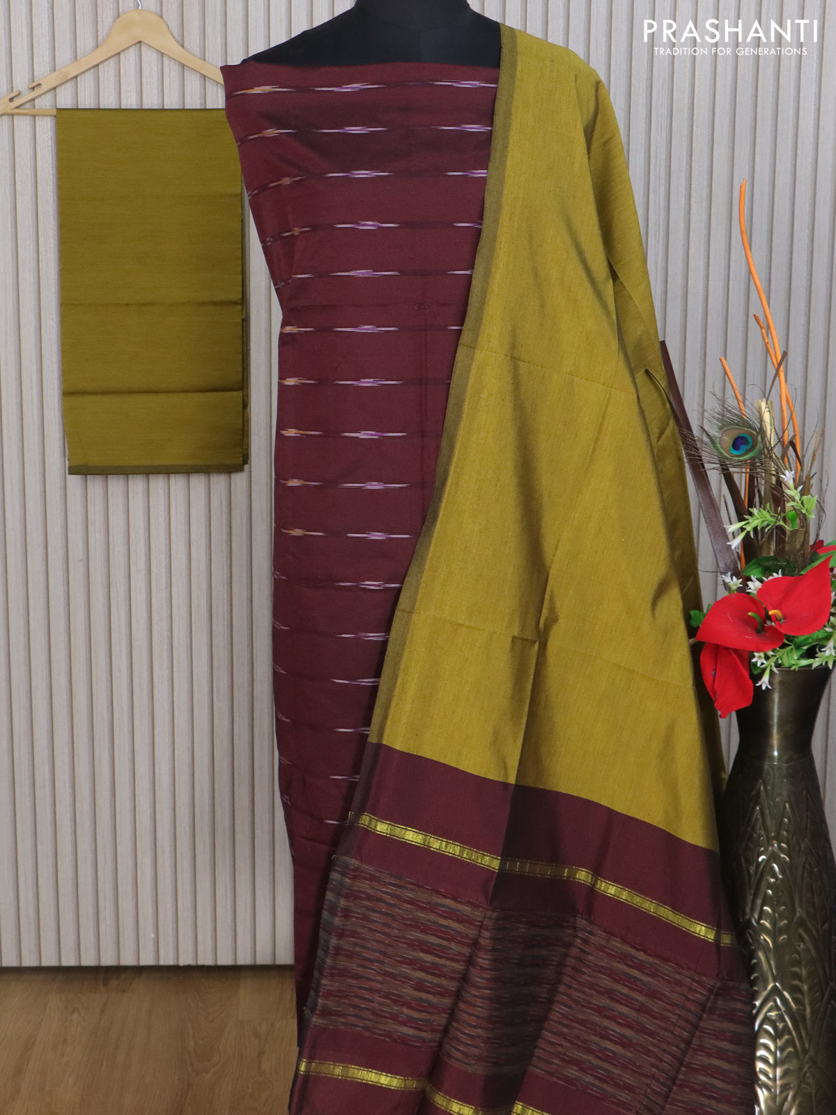 Ikat dress material deep maroon and lime green with allover ikat weaves and bottom, dupatta