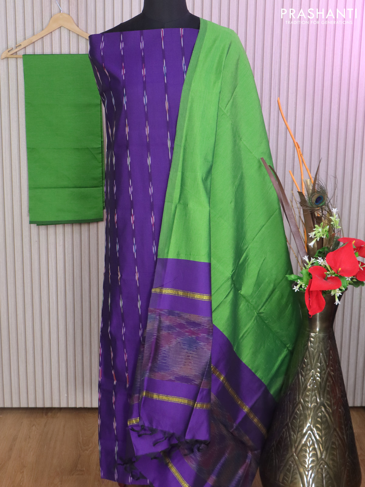 Ikat dress material violet and green with allover ikat weaves and bottom, dupatta