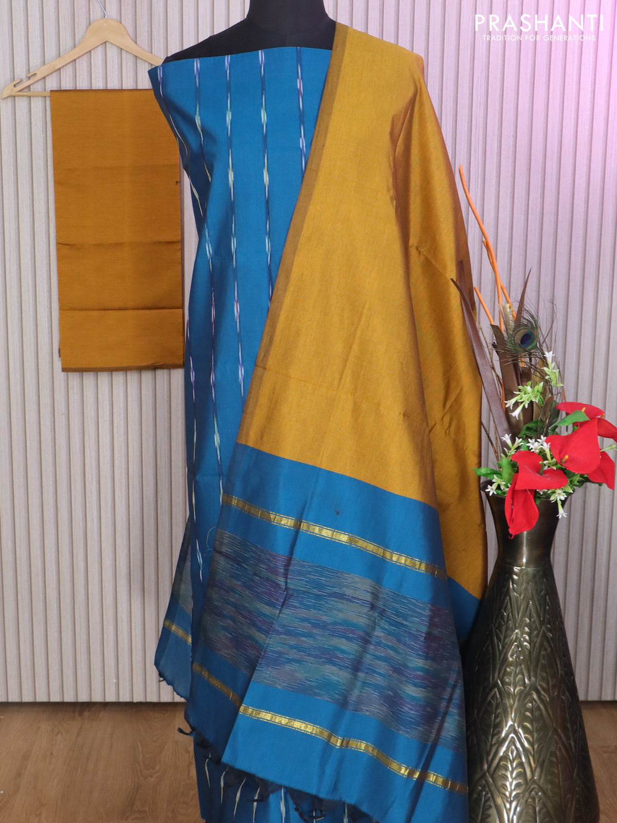 Ikat dress material cs blue and mustard yellow with allover ikat weaves and bottom, dupatta