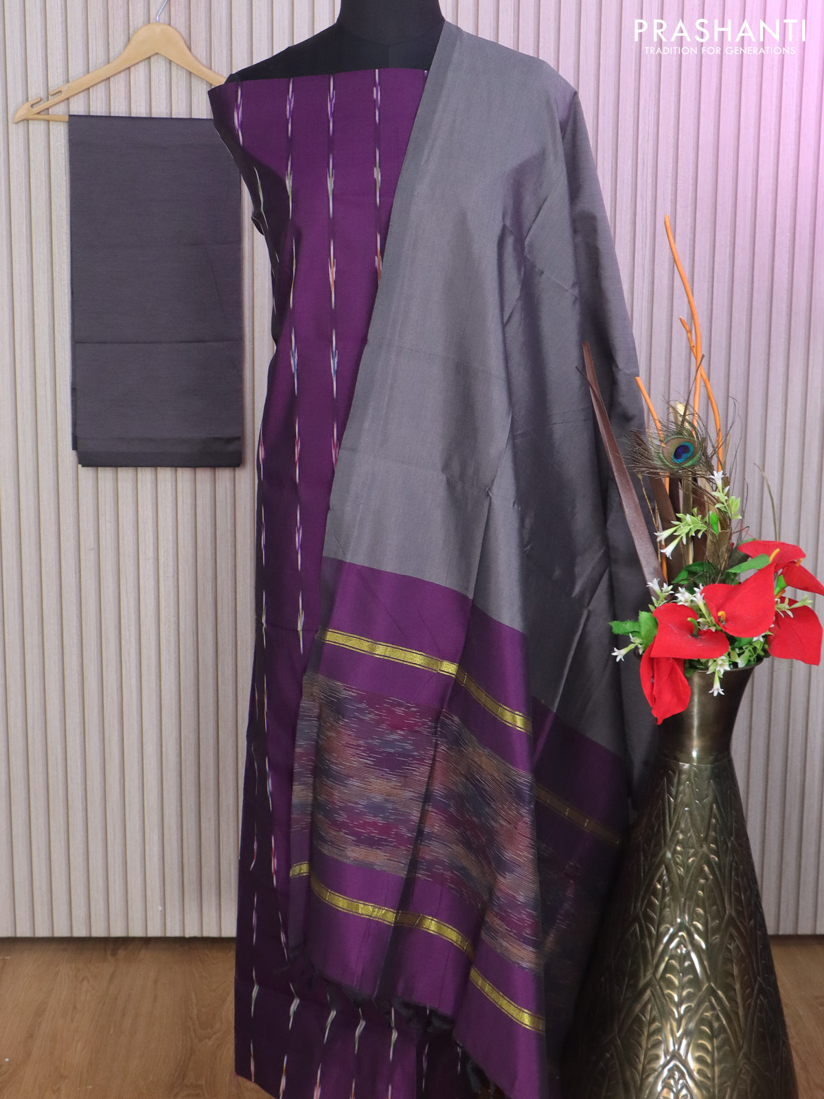 Ikat dress material deep purple and grey with allover ikat weaves and bottom, dupatta