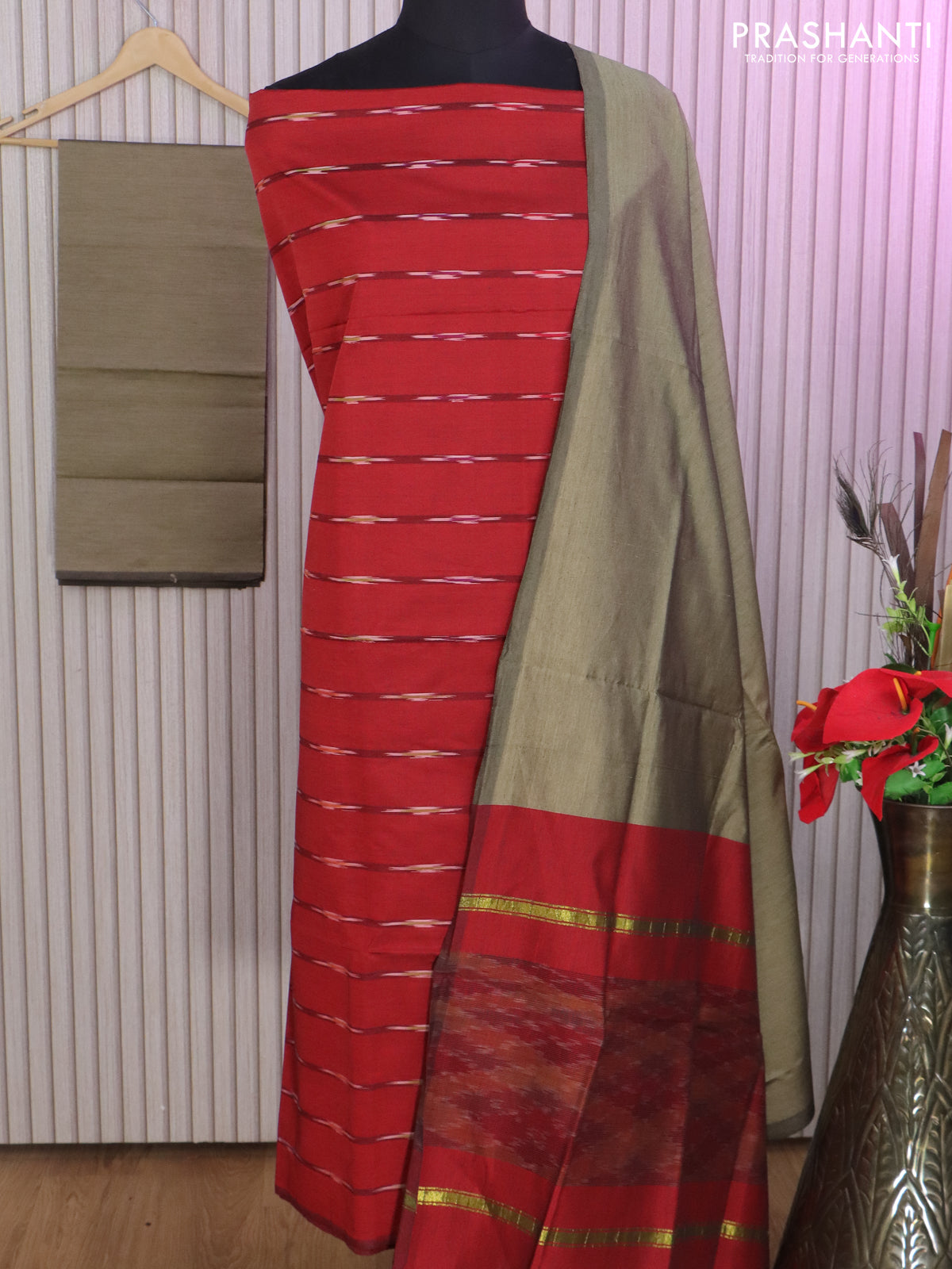 Ikat dress material maroon and elaichi green with allover ikat weaves and bottom, dupatta