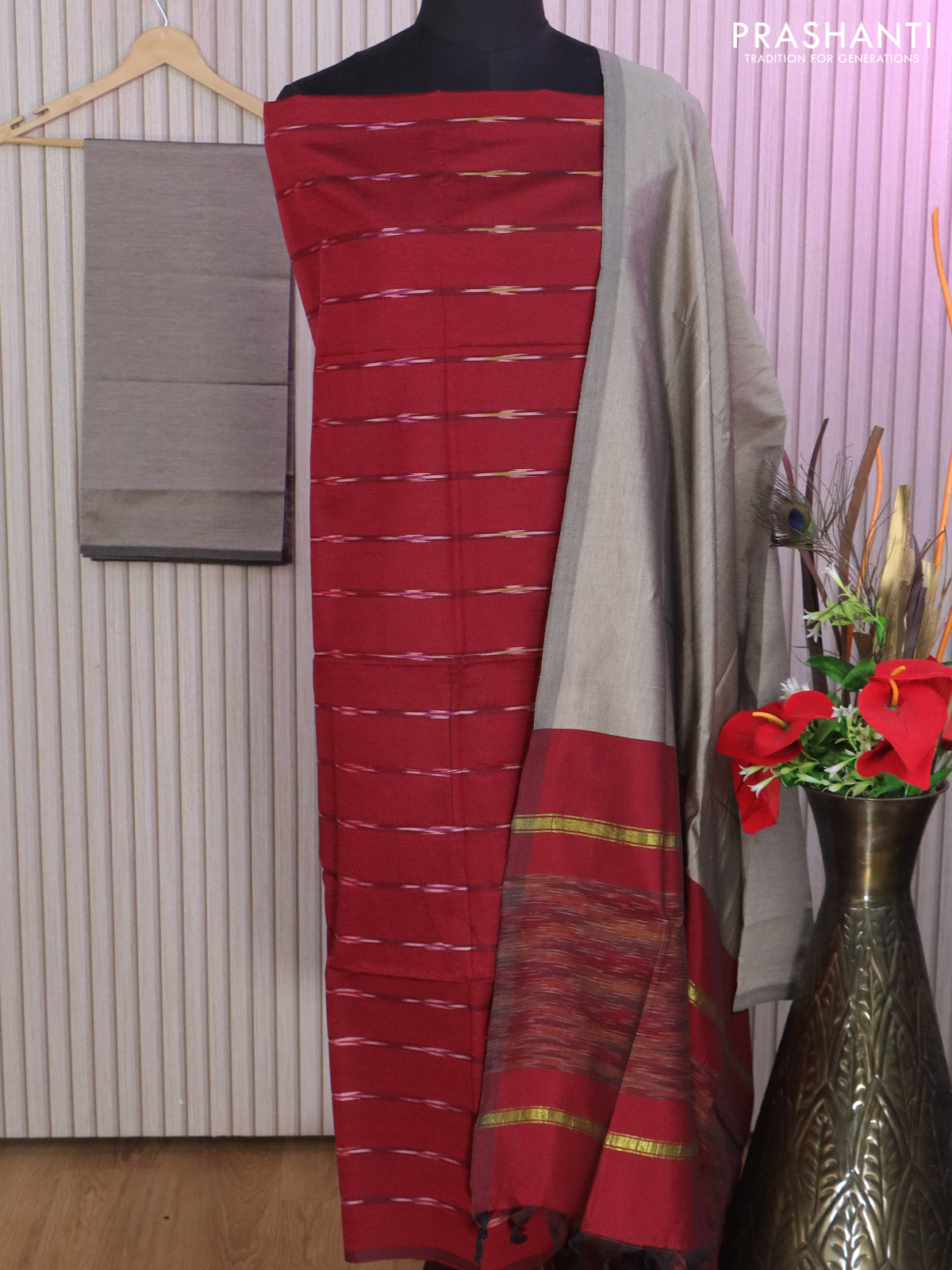 Ikat dress material maroon and grey with allover ikat weaves and bottom, dupatta