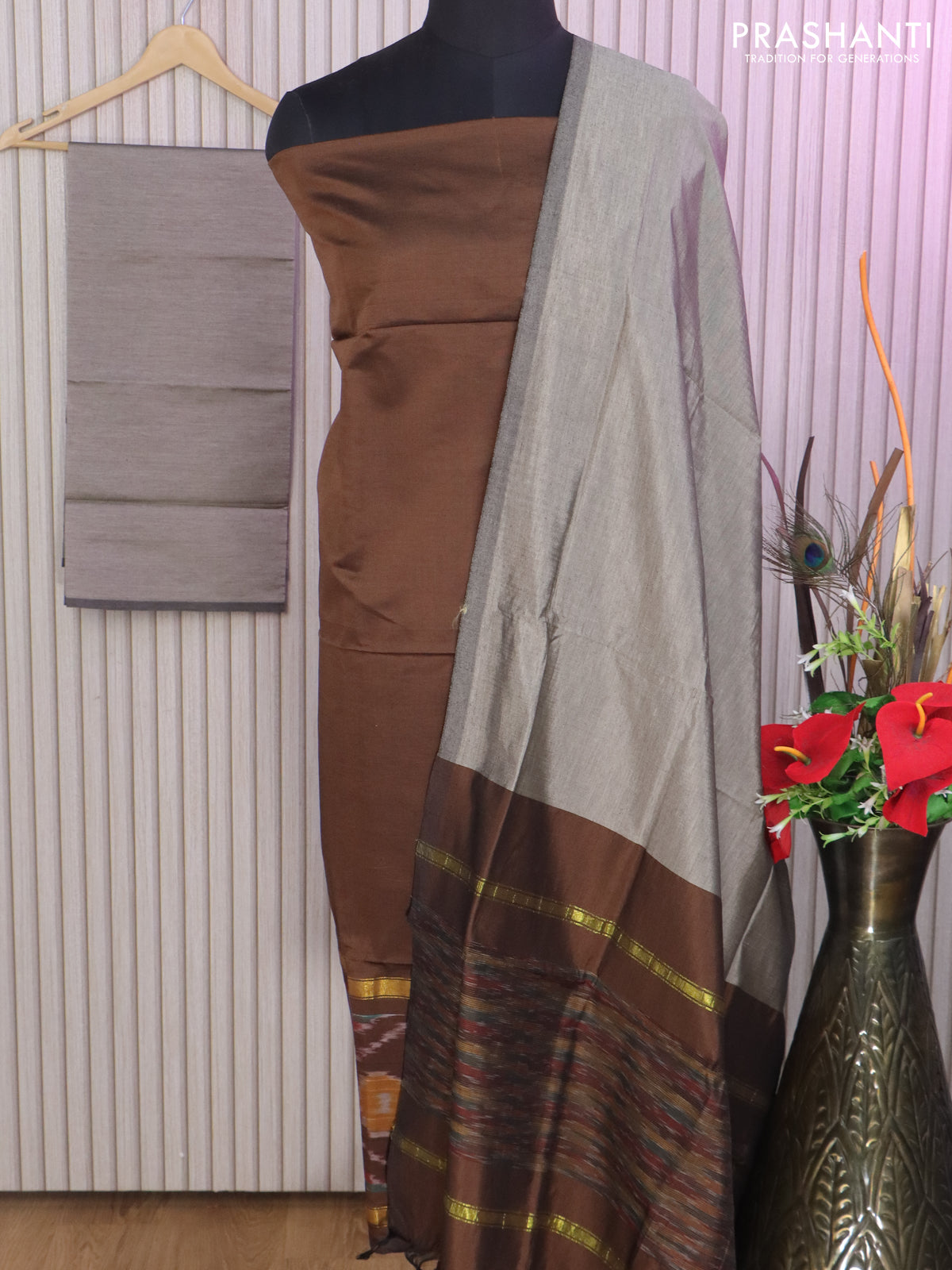 Ikat dress material brown and grey with allover ikat weaves and bottom, dupatta