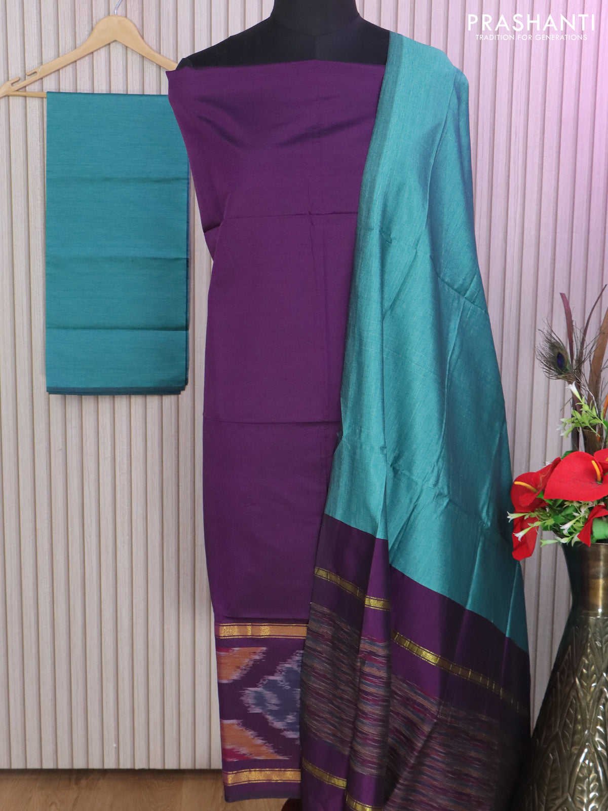 Ikat dress material deep purple and teal blue with allover ikat weaves and bottom, dupatta