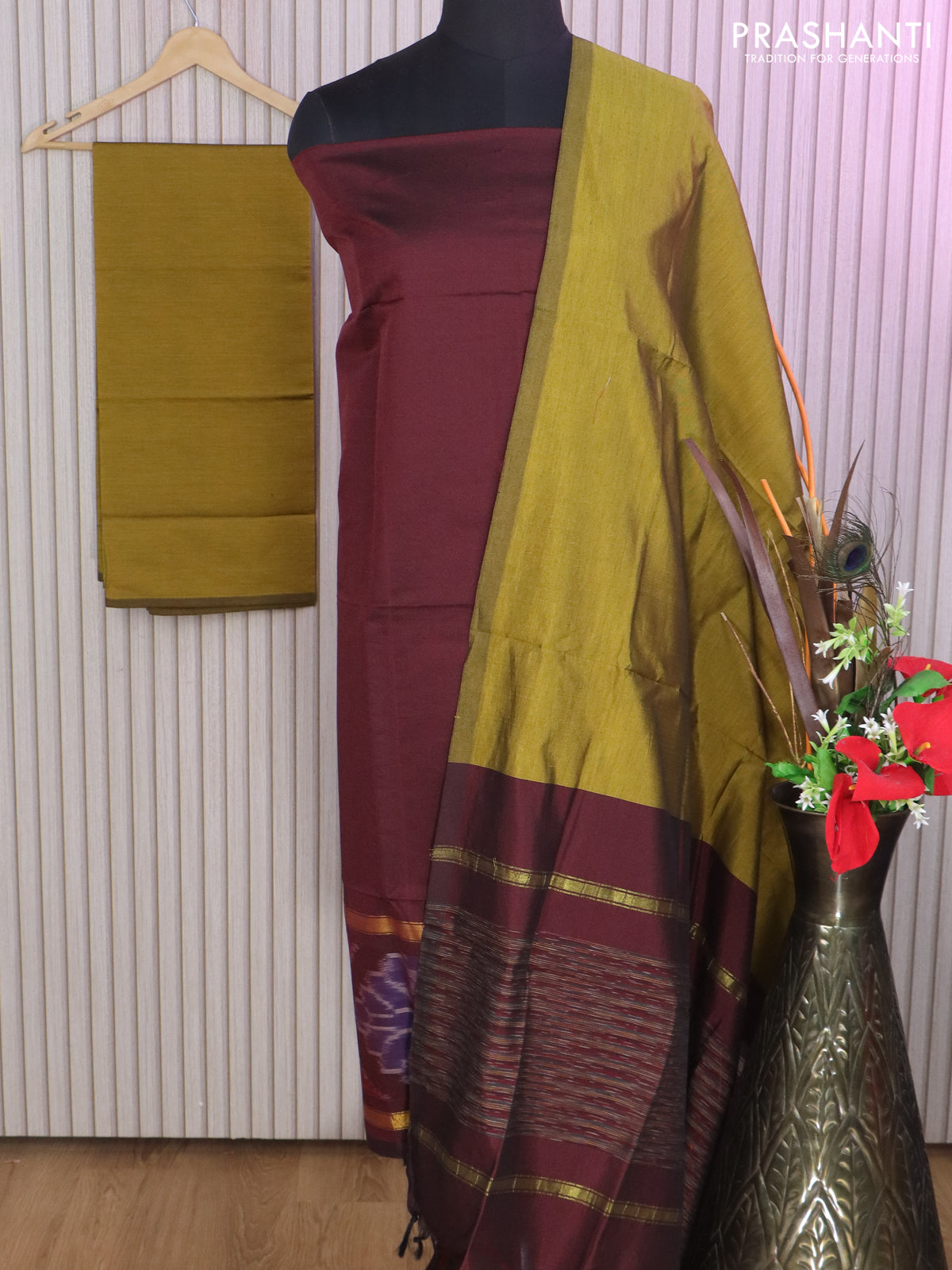 Ikat dress material deep maroon and mehendi green with allover ikat weaves and bottom, dupatta