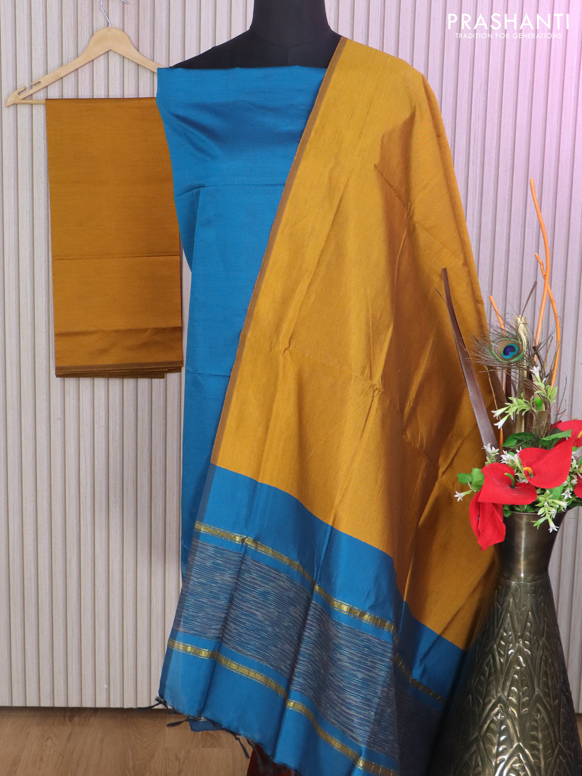 Ikat dress material peacock blue and mustard yellow with allover ikat weaves and bottom, dupatta