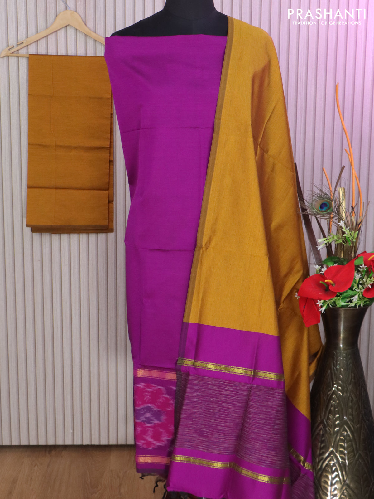 Ikat dress material purple and mustard yellow with allover ikat weaves and bottom, dupatta