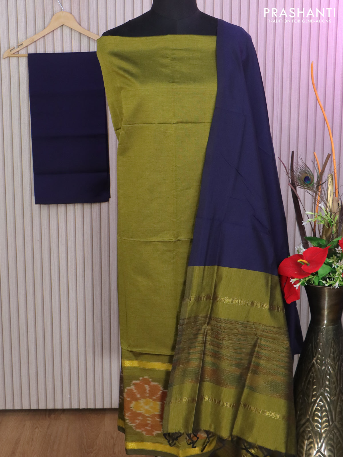 Ikat dress material mehendi green and blue with allover ikat weaves and bottom, dupatta