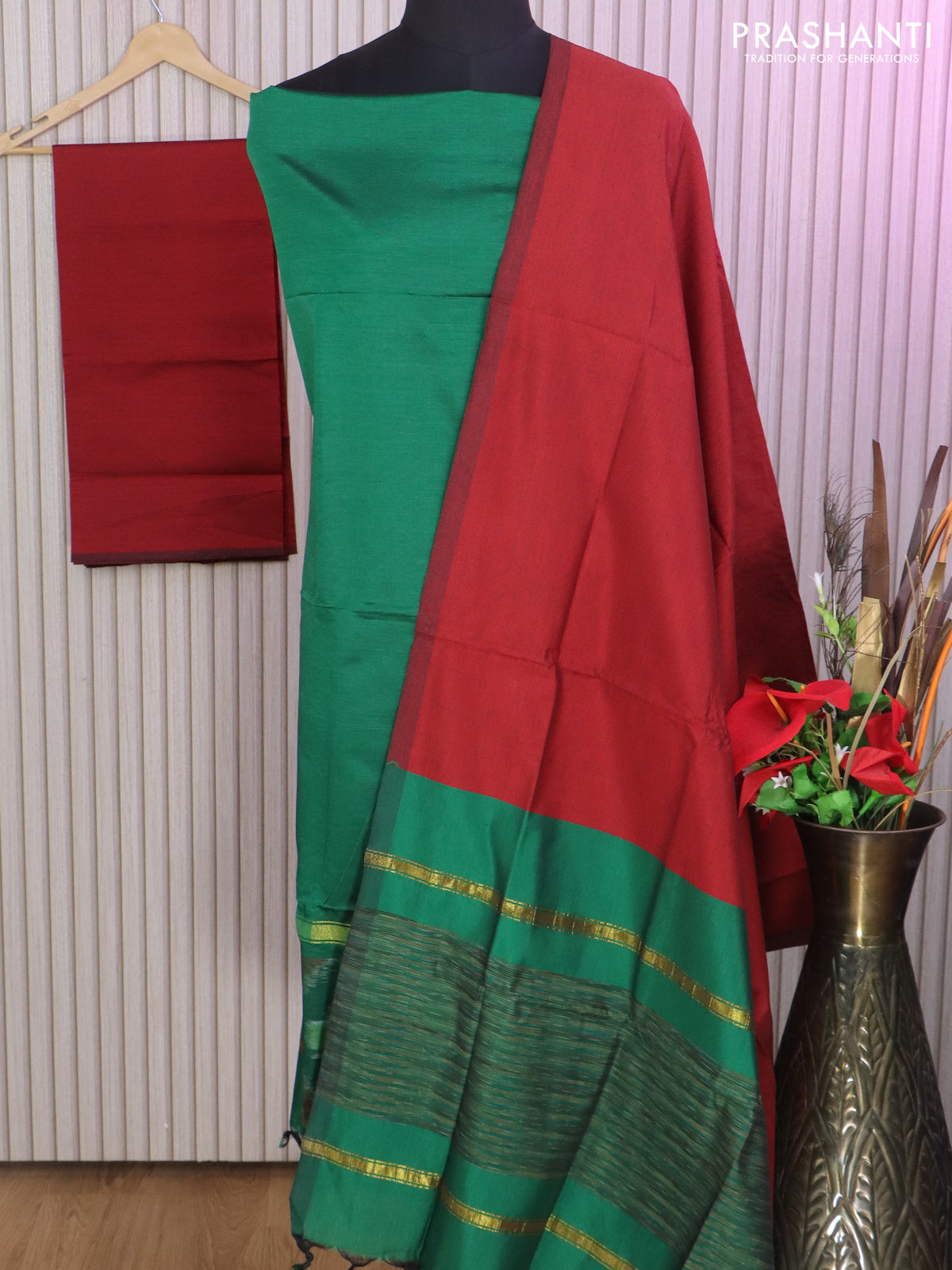 Ikat dress material green and maroon with allover ikat weaves and bottom, dupatta