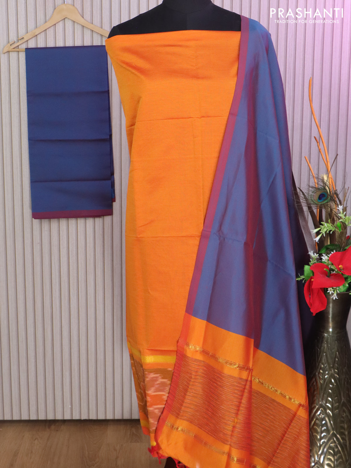 Ikat dress material orange and dual shade of peacock blue with allover ikat weaves and bottom, dupatta