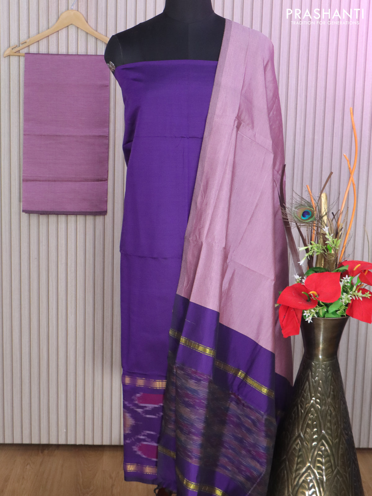 Ikat dress material violet and pastel pink with allover ikat weaves and bottom, dupatta