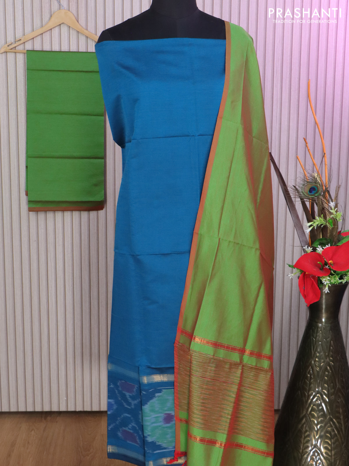 Ikat dress material peacock blue and light green with allover ikat weaves and bottom, dupatta